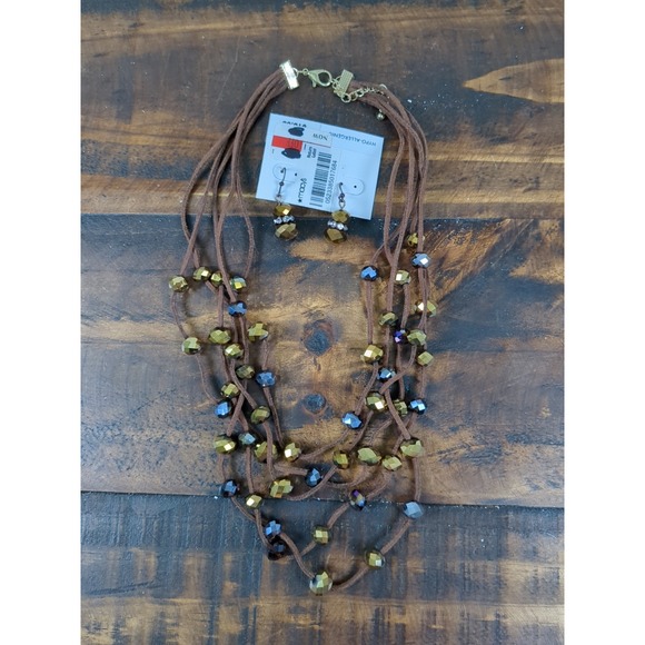 Macys Necklace & Earring Set, Leather Cord Multiple Strands, Beaded Gold & Brown - Picture 1 of 7